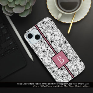 Hand getrokken wit bloemenpatroon en roze monogram iPhone 15 mini hoesje