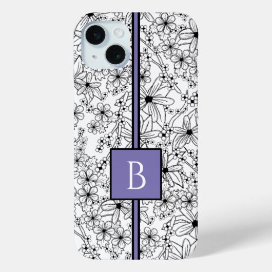 Hand getrokken wit bloemmotief Paarse monogram Case-Mate iPhone Case (Achterkant)