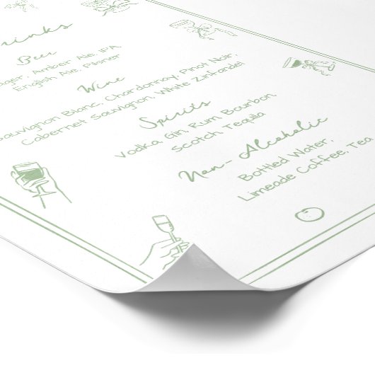 Hand getrokken wit en groen Bar Drink Menu Poster (Hoek)