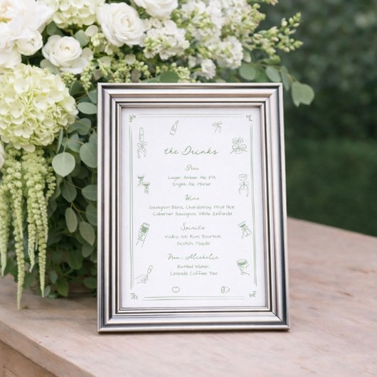 Hand getrokken wit en groen Bar Drink Menu Poster