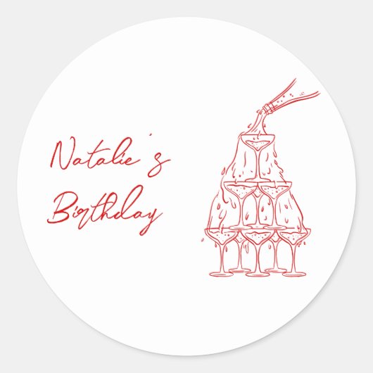 Hand getrokken witte rode champagne toren verjaard ronde sticker (Voorkant)
