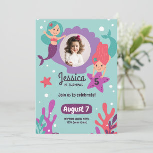 Hand getrokken Zeemeermin Foto Verjaardag uitnodig Kaart