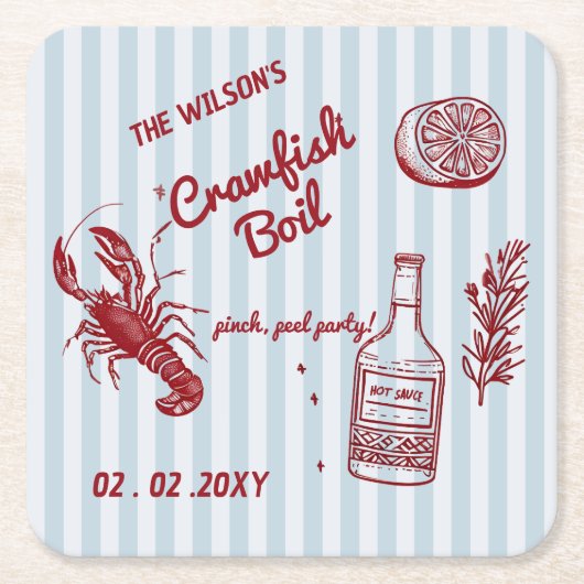 Hand getrokken zomer zeevruchten Crawfish Boil Par Vierkante Kartonnen Onderzetter (Voorkant)