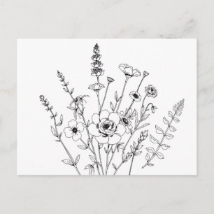 Hand getrokken zwart-wit delicate bloem briefkaart