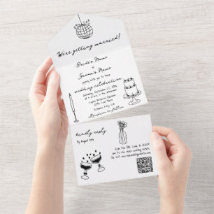 Hand getrokken zwarte illustraties Doodles bruilof All In One Uitnodiging