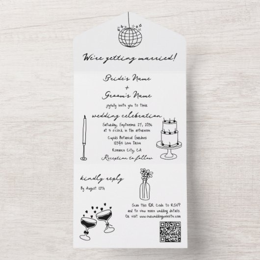 Hand getrokken zwarte illustraties Doodles bruilof All In One Uitnodiging (Binnen)