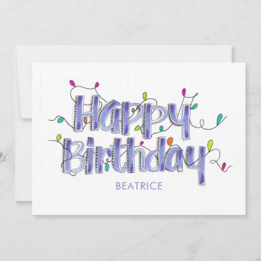 Hand Lettered Dusty Blue Happy Birthday Flat Kaart (Voorkant)