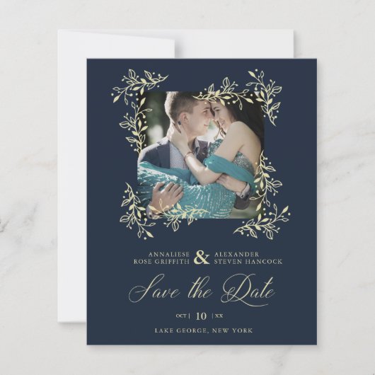 Hand Lettered Elegant Flourish Navy Photo Wedding (Voorkant)