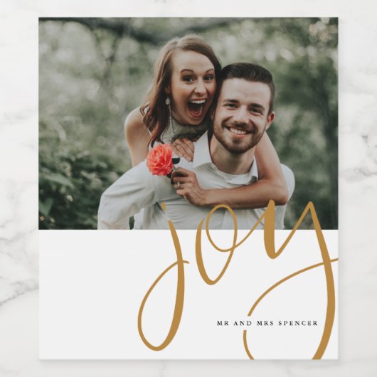 Hand Lettered Joy Aangepaste Foto Wijn Etiket (Enkel label)
