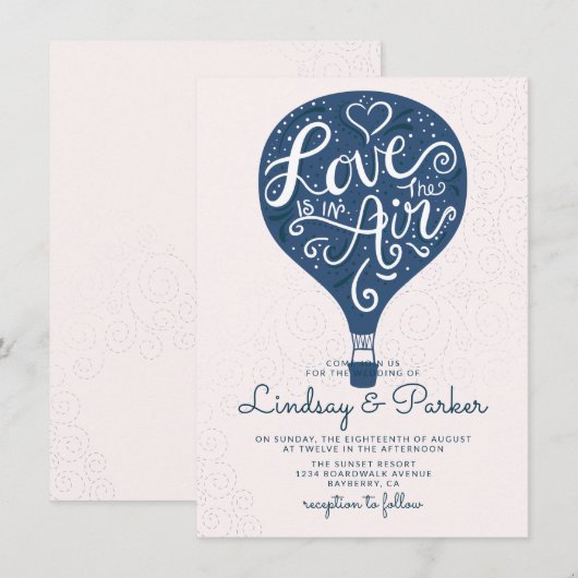 Hand Lettered Love Navy Hot Air Balloon Wedding Kaart (Voorkant / Achterkant)