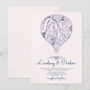 Hand Lettered Love Paars Hot Air Ballonbruiloft Kaart