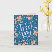 Hand Lettered Peach Blue Floral Foto Hartelijk dan Kaart (Gele Bloem)