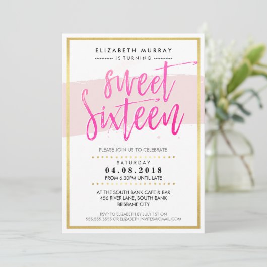 HAND LETTERED SCRIPT, zoet 16 trendy hot roze goud Kaart (Staand voorkant)
