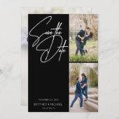 Hand Lettered Three Photo Collage Black Save The Date (Voorkant / Achterkant)