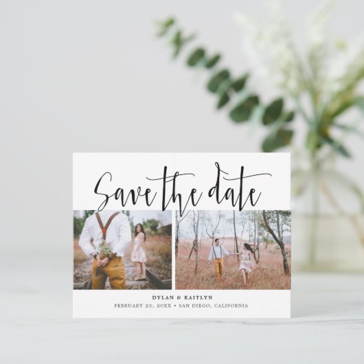 Hand Lettering Twee Foto's Save the Date Kaart (Staand voorkant)