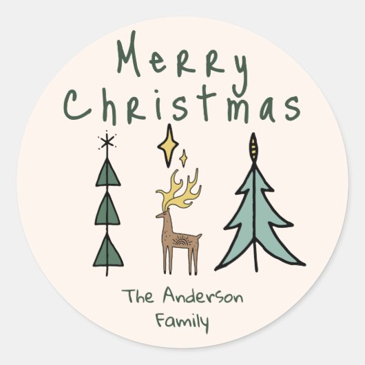 Hand Painted Abstract Christmas Tree Reindeer Ronde Sticker (Voorkant)