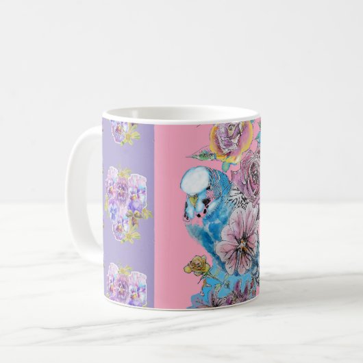 Hand Painted Paars Blue Budgie floral Mok (Voorkant links)