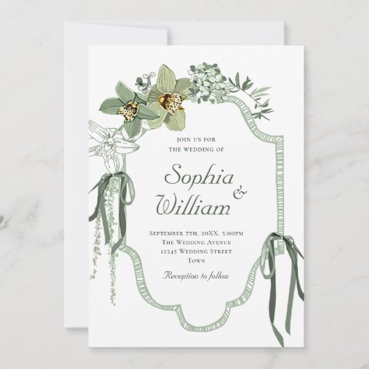 Hand Painted Sage Green Orchids Wedding Invitation (Devant)