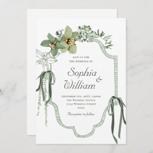 Hand Painted Sage Green Orchids Wedding Invitation (Devant / Derrière)