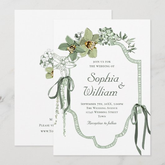 Hand Painted Sage Green Orchids Wedding Invitation Kaart (Voorkant / Achterkant)