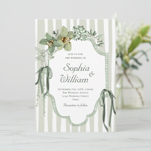 Hand Painted Sage Green Orchids Wedding Kaart (Staand voorkant)