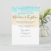 Hand Painted Waterverf Blue Beach Wedding Invite Kaart (Staand voorkant)