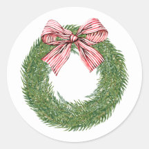 Hand Painted Winter Pine Wreath Striped Red Bow