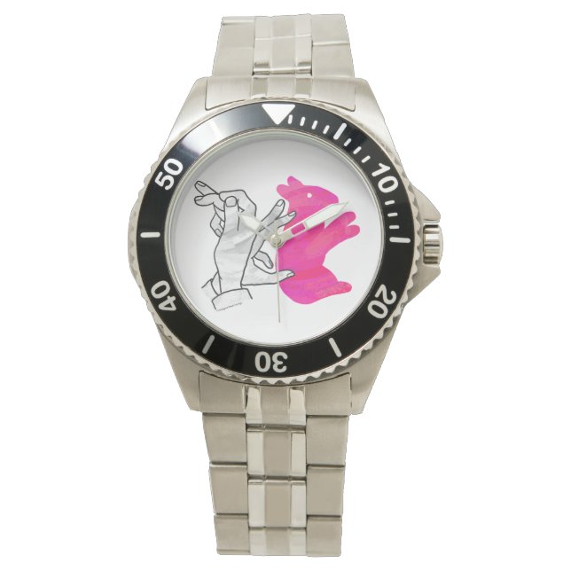 Hand Silhouette Rabbit roze Horloge (Voorkant)