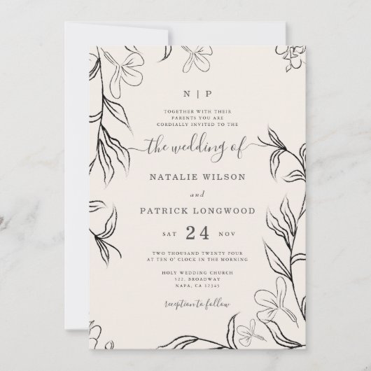 Hand Sketched Delicate Floral Beige Wedding Kaart (Voorkant)