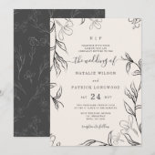 Hand Sketched Delicate Floral Beige Wedding Kaart (Voorkant / Achterkant)