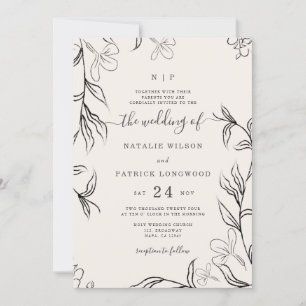 Hand Sketched Delicate Floral Beige Wedding Kaart