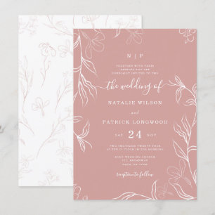 Hand Sketched Delicate Floral Dusty Roos Wedding Kaart