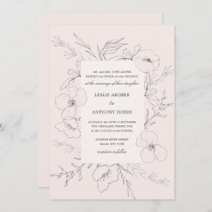 Hand Sketched Peony Blush Pink Wedding Kaart