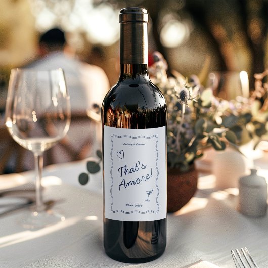 Hand Teken  Blauw Dat is Amore Wedding Wijn Etiket