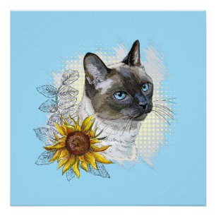 Hand tekening grappige schattige thai kat met bloe perfect poster