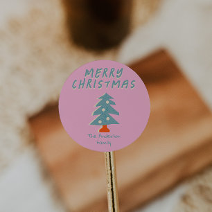 Hand Tekening Roze Blauwe Kerstboom Ronde Sticker