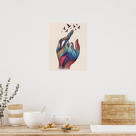 Hand to Horizon - Vogels vliegen omhoog vanaf Fing Poster (Keuken)