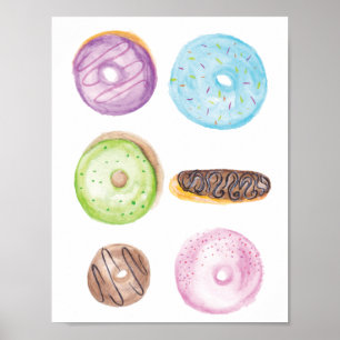 Hand watergekleurde bevroren gemengde donuts poster