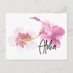 Hand waterverf Hawaii Hibiscus Bloem Roze Briefkaart