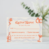 Hand Written Drawn Blue Orange Funky Wedding RSVP Kaartje (Staand voorkant)