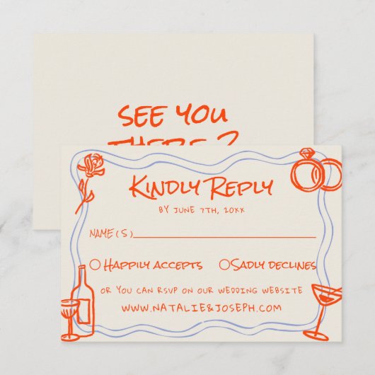 Hand Written Drawn Blue Orange Funky Wedding RSVP Kaartje (Voorkant / Achterkant)