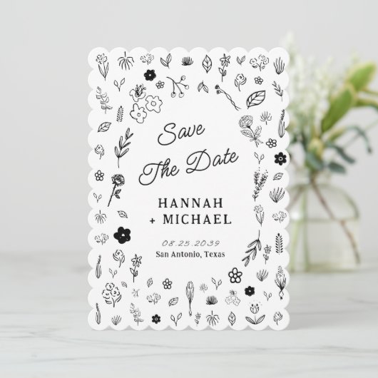 Hand Written Drawn Sketch Flowers Wedding Save The Date (Staand voorkant)