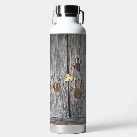 Handafdrukken Vogels op houten planken met herfstb Waterfles (Voorkant)