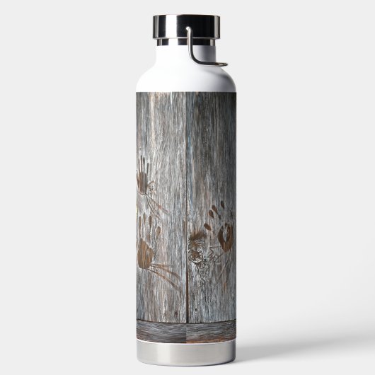 Handafdrukken Vogels op houten planken met herfstb Waterfles (Links)