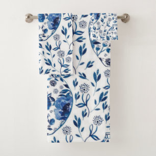 Handbeschilderd blauw en wit Chinoiserie Floral St Bad Handdoek