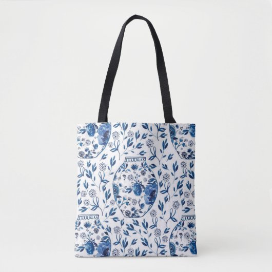 Handbeschilderd blauw en wit Chinoiserie Floral St Draagtas (Voorkant)