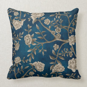 Handbeschilderd marineblauw Chinoiserie Floral Gre Kussen