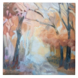 Handbeschilderde moderne oranje geelbruine bomen tegeltje