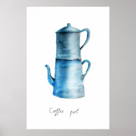 Handbeschilderde Waterverf  blauwe koffie pot Poster