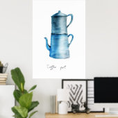 Handbeschilderde Waterverf  blauwe koffie pot Poster (Thuiskantoor)